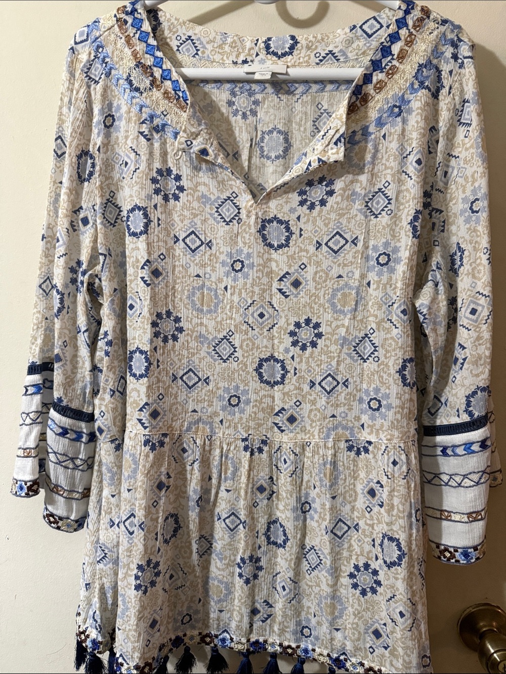 J. Jill Blue and Cream Printed Tassel Peasant Top